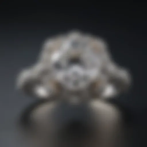 Close-up of an intricately designed diamond engagement ring showcasing various cuts and styles.