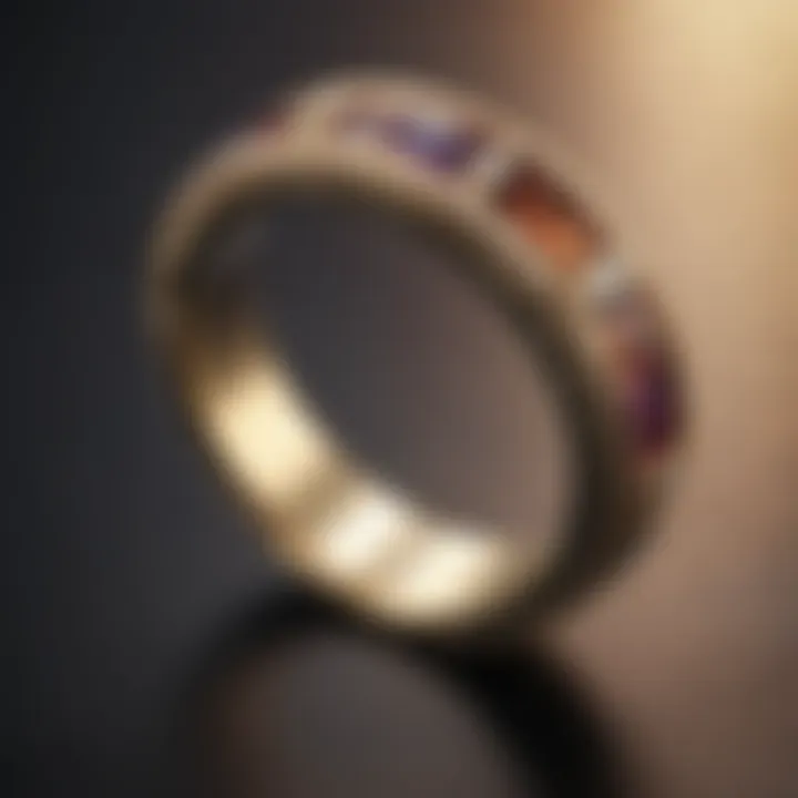 Close-up of a wedding band being examined under soft lighting