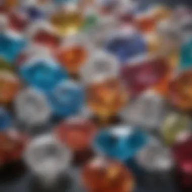 Diverse Varieties of Crystal-Like Diamonds A vibrant showcase of various crystal-like diamonds highlighting their colors and shapes