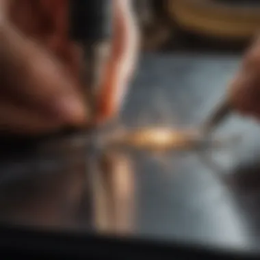 Close-up of soldering iron in action on metal