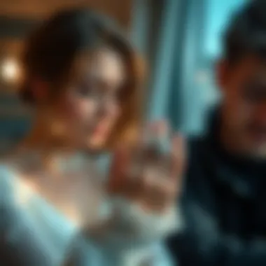 A modern setting showcasing a couple admiring a spooky engagement ring.