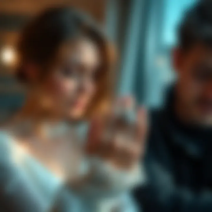 A modern setting showcasing a couple admiring a spooky engagement ring.