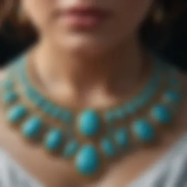 A close-up of a turquoise necklace highlighting unique craftsmanship and design