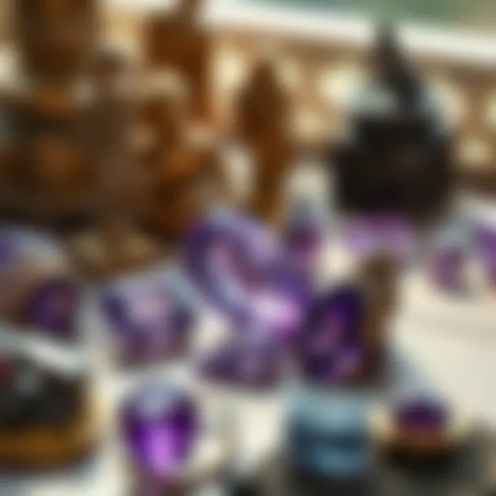 Amethyst gemstones displayed alongside cultural artifacts from various civilizations