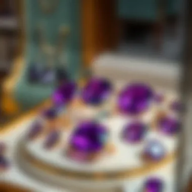 A curated collection of amethyst jewels in a luxurious display case