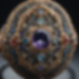 A close-up of an ornate Victorian ring with intricate details and gemstones