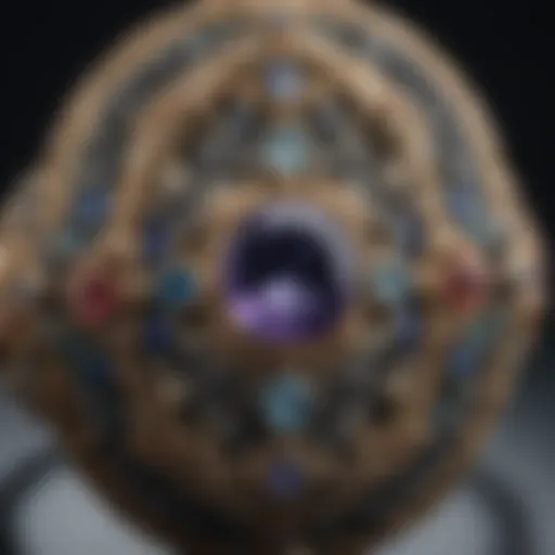 A close-up of an ornate Victorian ring with intricate details and gemstones