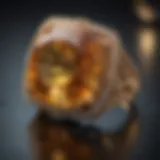 A close-up view of a stunning citrine crystal ring reflecting sunlight