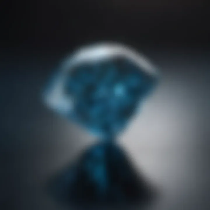 A close-up view of a rare blue diamond reflecting light