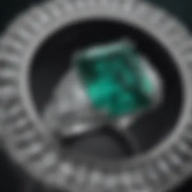 A close-up view of the intricate setting of a four carat emerald cut ring