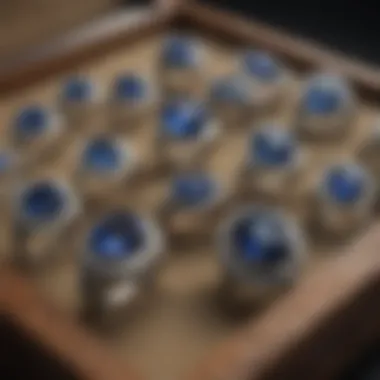 A vintage jewelry box showcasing a collection of sapphire rings.