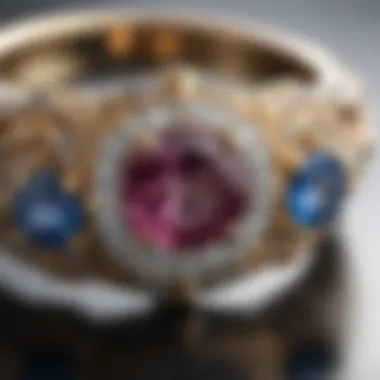 A close-up view of an engagement ring featuring colored gemstones and unique settings