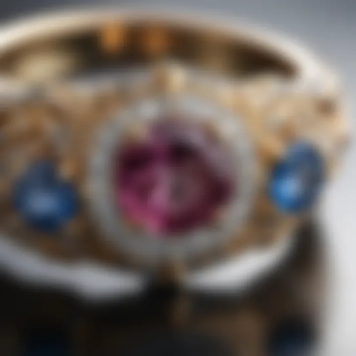 A close-up view of an engagement ring featuring colored gemstones and unique settings