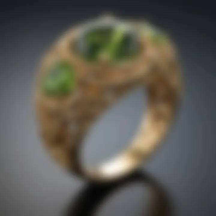 An exquisite peridot ring intricately designed with gold accents.