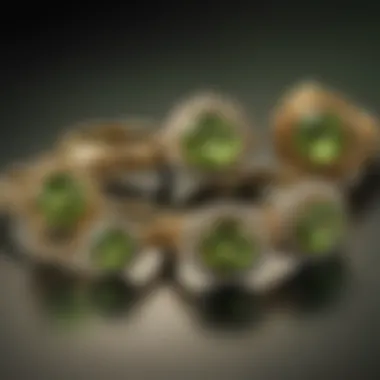 A collection of peridot rings displayed elegantly on a velvet background.