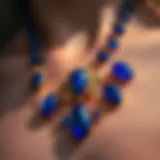 A close-up view of a stunning lapis lazuli necklace showcasing its rich blue hues and golden flecks.