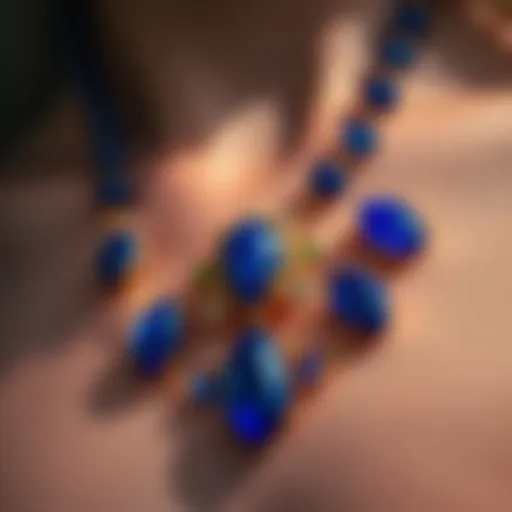 A close-up view of a stunning lapis lazuli necklace showcasing its rich blue hues and golden flecks.