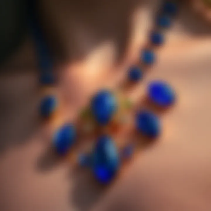 Stunning Lapis Lazuli Necklace A close-up view of a stunning lapis lazuli necklace showcasing its rich blue hues and golden flecks.