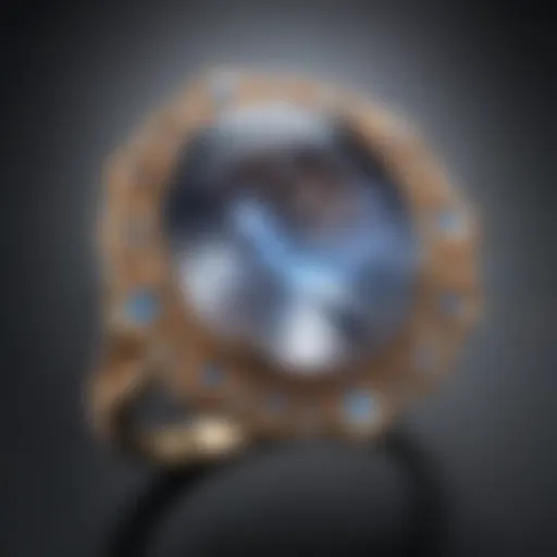 Close-up view of a shimmering moonstone ring showcasing its unique color play