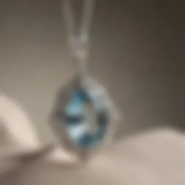 Detailed craftsmanship of a sterling silver aquamarine pendant displayed against a soft fabric background