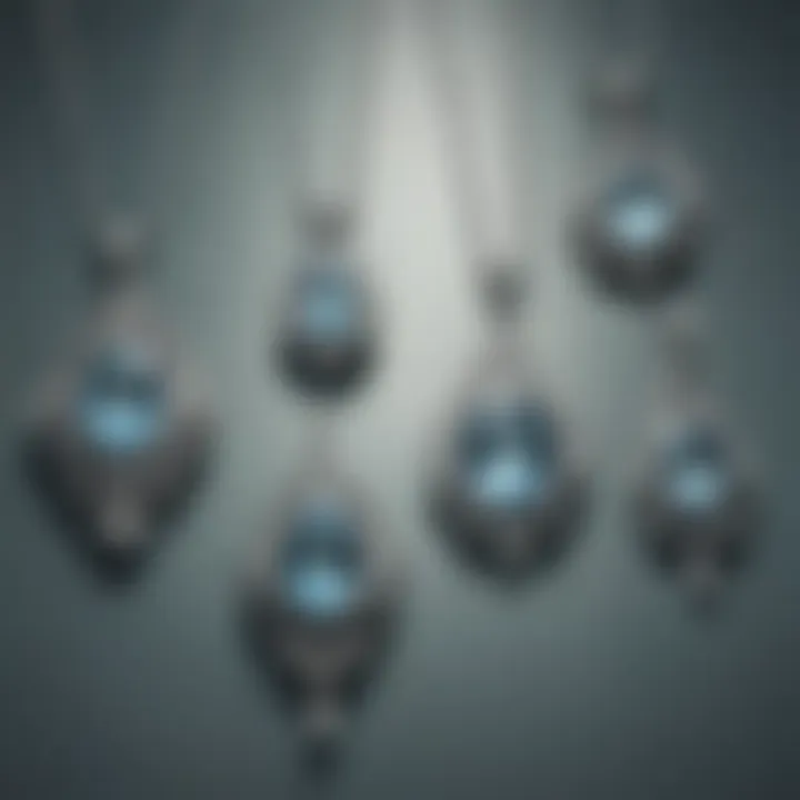 Elegant display of multiple sterling silver aquamarine pendants arranged artistically