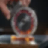 Close-up of a lapidary saw in action, showcasing precision cutting of a gemstone