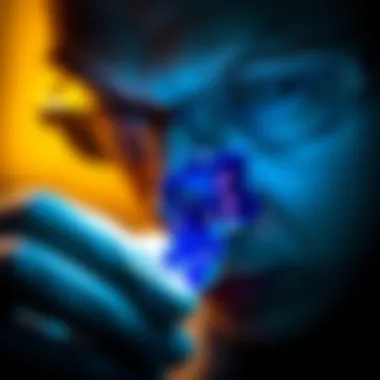 Gemologist Examining Tanzanite A gemologist examining tanzanite under professional lighting