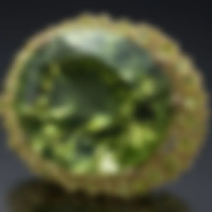 A close-up view of a peridot gemstone showcasing its vibrant green hue