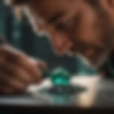 Gemologist at Work A gemologist examining emerald stones under specialized lighting