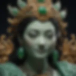 A close-up view of a beautifully carved jade statue showcasing intricate details