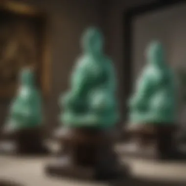 Jade Statues in Modern Art A serene display of jade statues in a modern art gallery setting