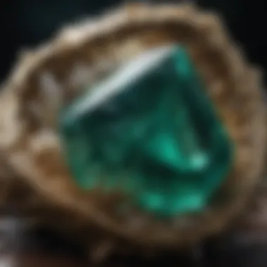 A close-up view of a raw emerald crystal highlighting its unique color and clarity.