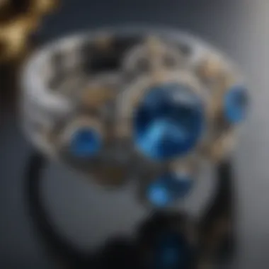 Intricate jewelry design featuring blue gemstones, emphasizing craftsmanship and elegance.