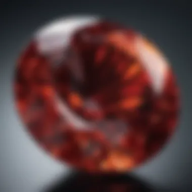 A close-up view of a garnet gemstone showcasing its deep red color and brilliance.