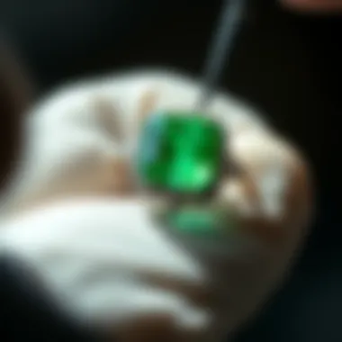 Emerald Quality Examination A close-up view of an emerald being examined for quality, highlighting ethical sourcing considerations.