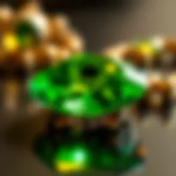 The vibrant green hue of an emerald gemstone showcasing its natural beauty.