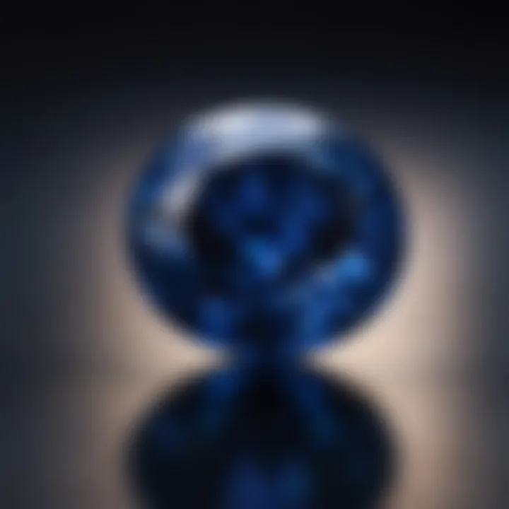 A close-up view of a sapphire gemstone, highlighting its deep blue hue and clarity.