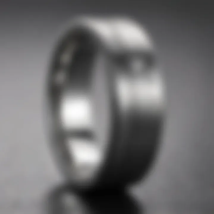 A close-up view of a tungsten wedding band showcasing its unique finish and texture