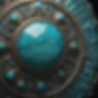 A close-up of a turquoise gemstone with intricate patterns.