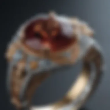Elegant Engagement Ring Featuring a Rare Gemstone A close-up of a beautifully crafted engagement ring featuring a rare gemstone, emphasizing its intricate design and color.