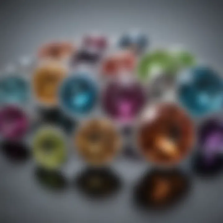 An array of different colored diamonds representing various types and characteristics