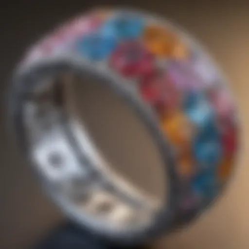 A close-up view of a colored diamond eternity band showcasing vibrant hues