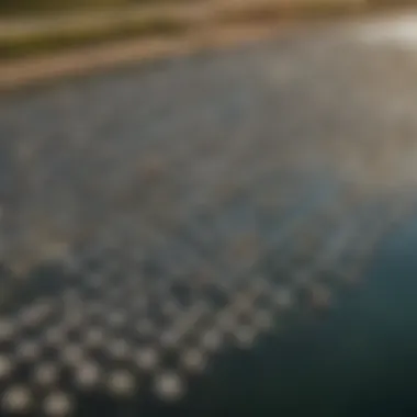 An aerial view of a pearl farm showcasing rows of oyster beds in a serene aquatic environment.