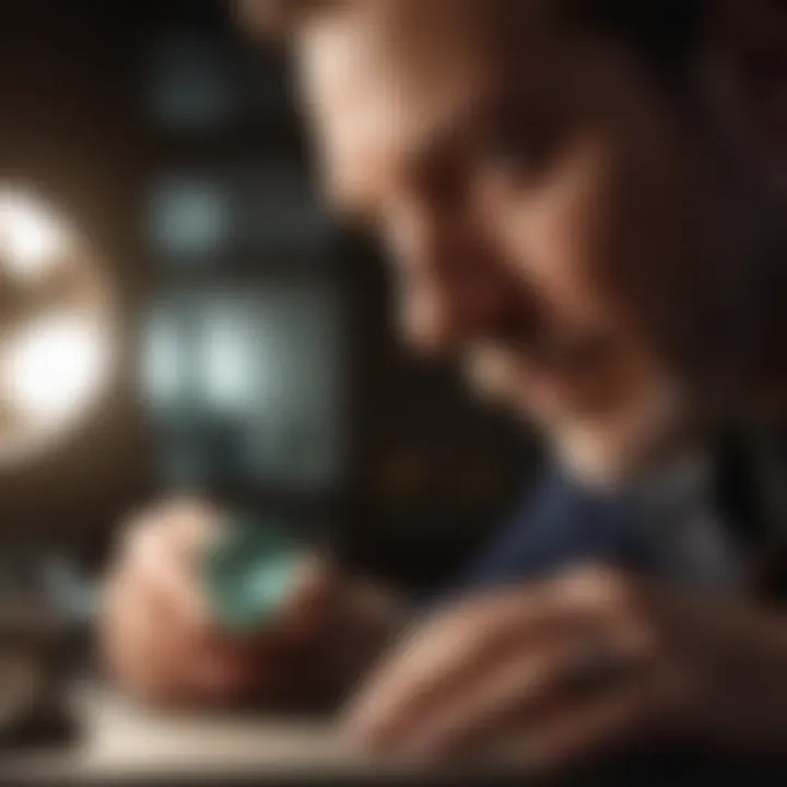 A gemologist conducting a thorough examination of a gemstone under specialized lighting.