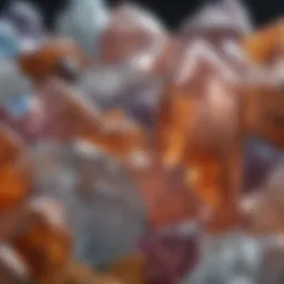 A close-up of various quartz crystals showcasing different colors and formations.