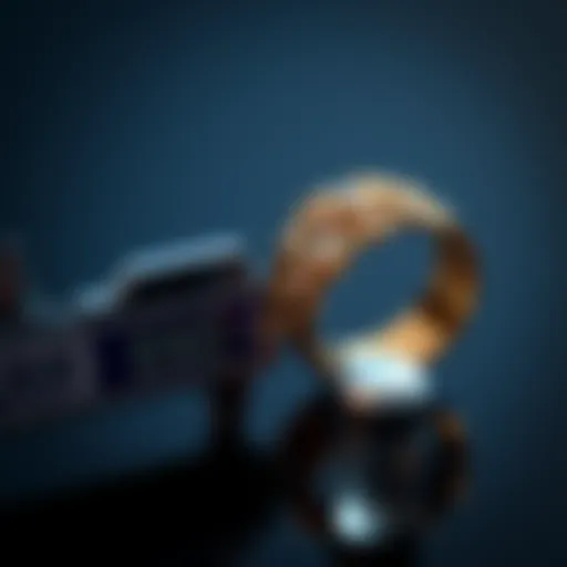 A detailed close-up of a ring measuring tool next to a 0.7 inch ring.