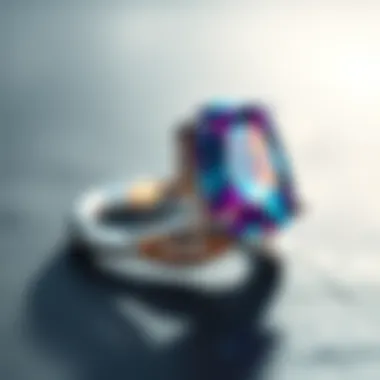 Close-up of a colored gemstone in a modern tension setting