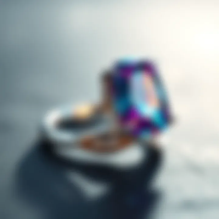 Close-up of a colored gemstone in a modern tension setting