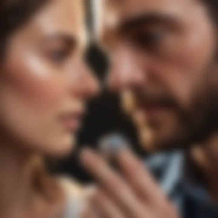 A thoughtful couple discussing their engagement ring options