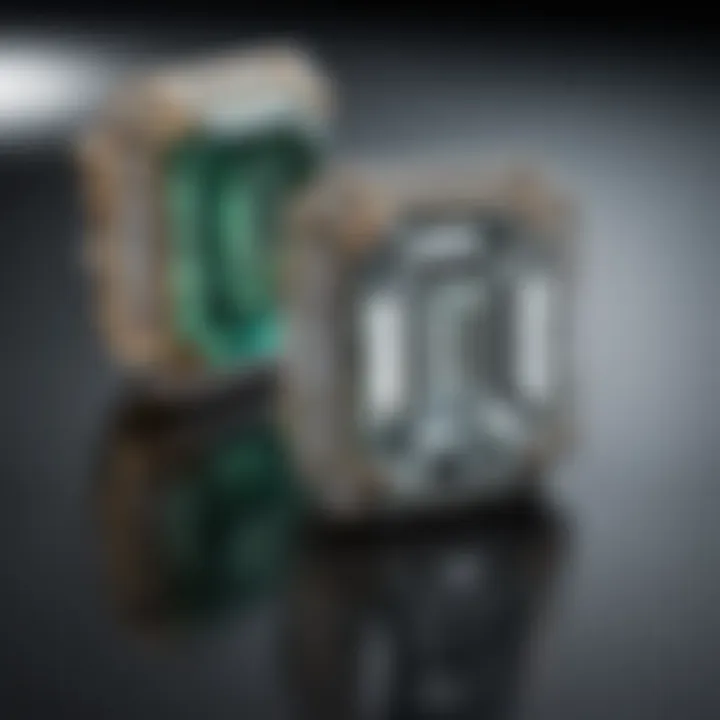 A comparison of emerald cut diamonds set in different jewelry styles